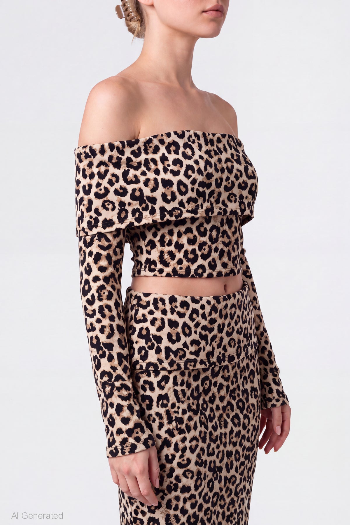Alt View 4. Lace Off Shoulder Top & Maxi Skirt Set - Leopard