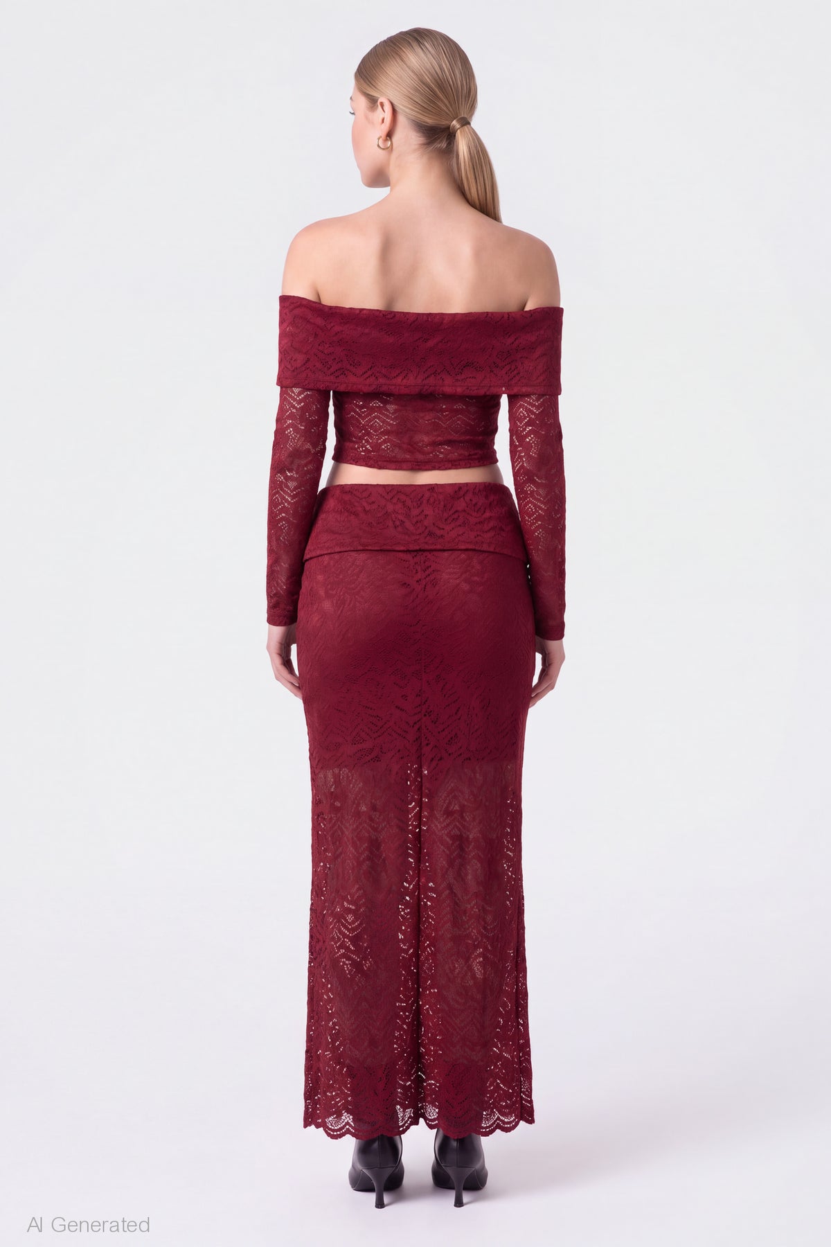Alt View 2. Lace Off Shoulder Top & Maxi Skirt Set - Cherry