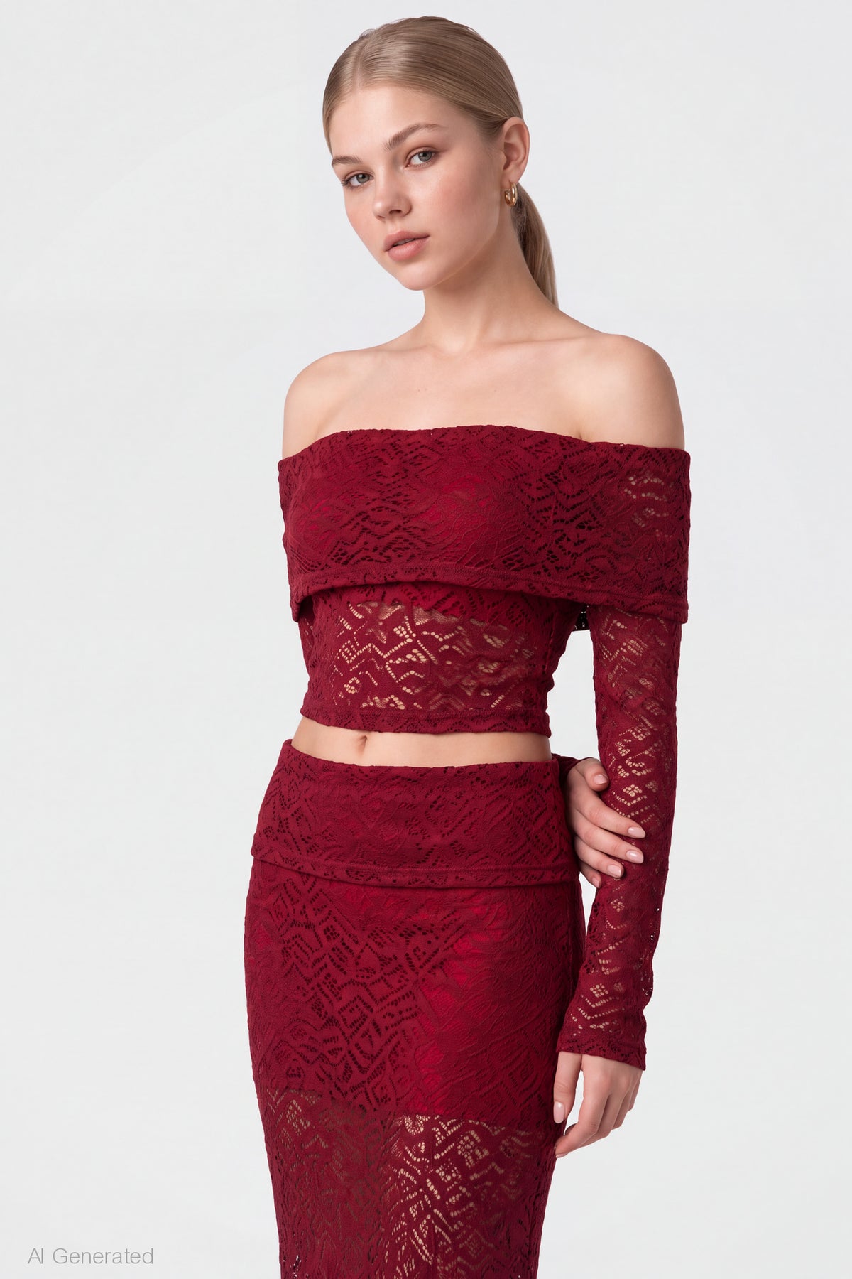 Alt View 3. Lace Off Shoulder Top & Maxi Skirt Set - Cherry