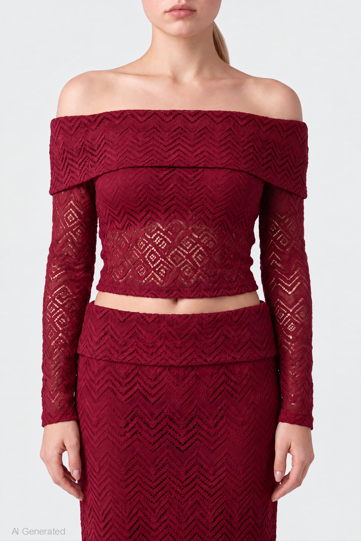 Alt View 4. Lace Off Shoulder Top & Maxi Skirt Set - Cherry
