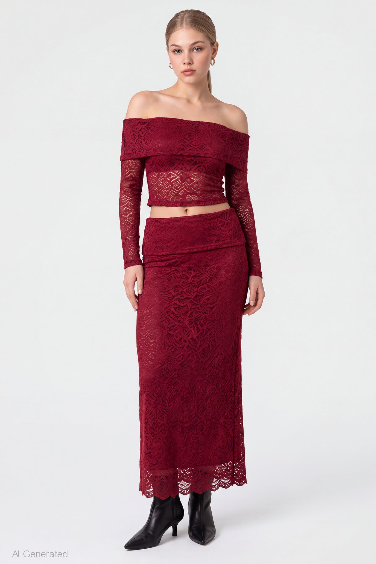Lace Off Shoulder Top & Maxi Skirt Set - Cherry
