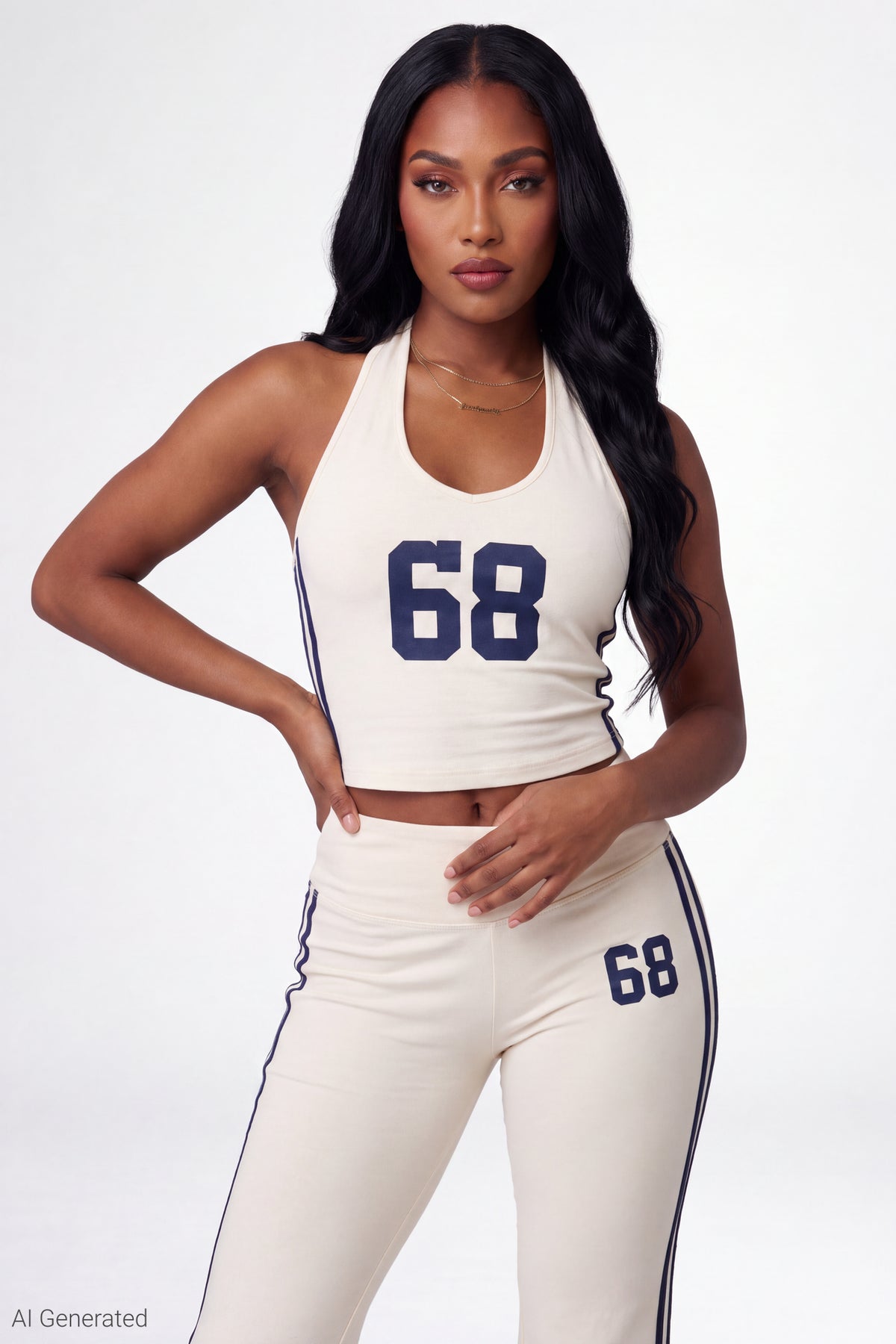 Alt View 3. Active Graphic Halter Top & Flare Pant Set - Cream