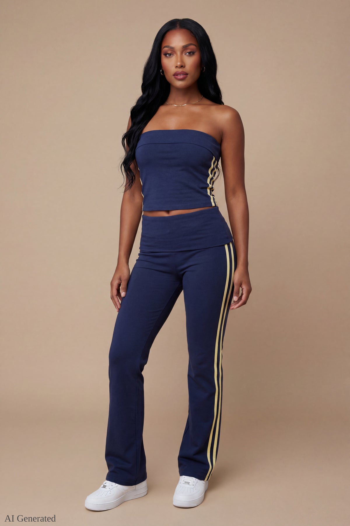 Foldover Tube Top & Flare Pant Set - Navy