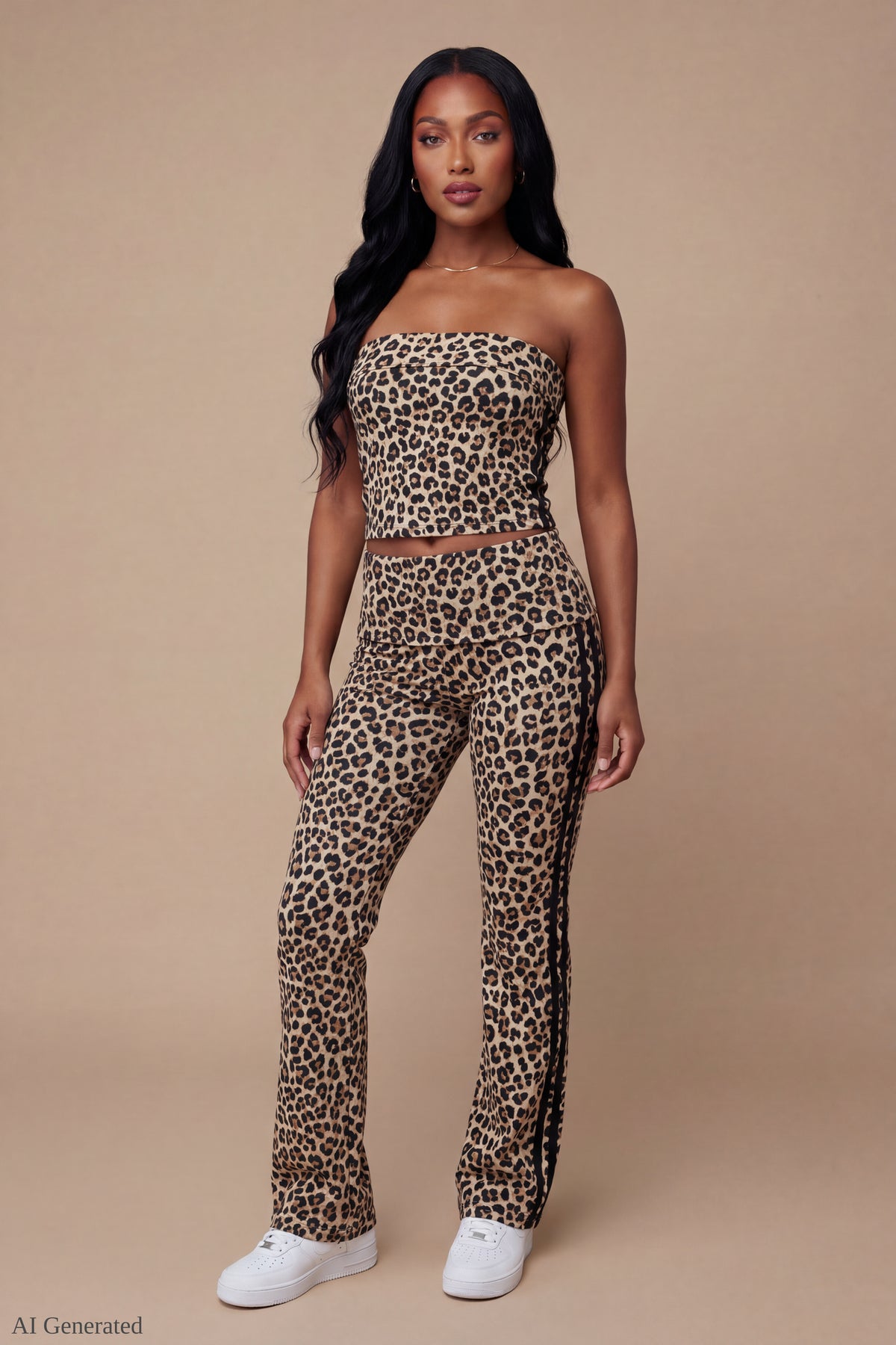 Foldover Tube Top & Flare Pant Set - Leopard