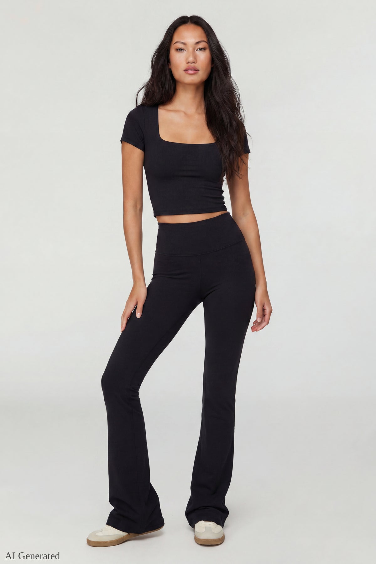 Square Neck T-Shirt & Flare Legging Set - Black
