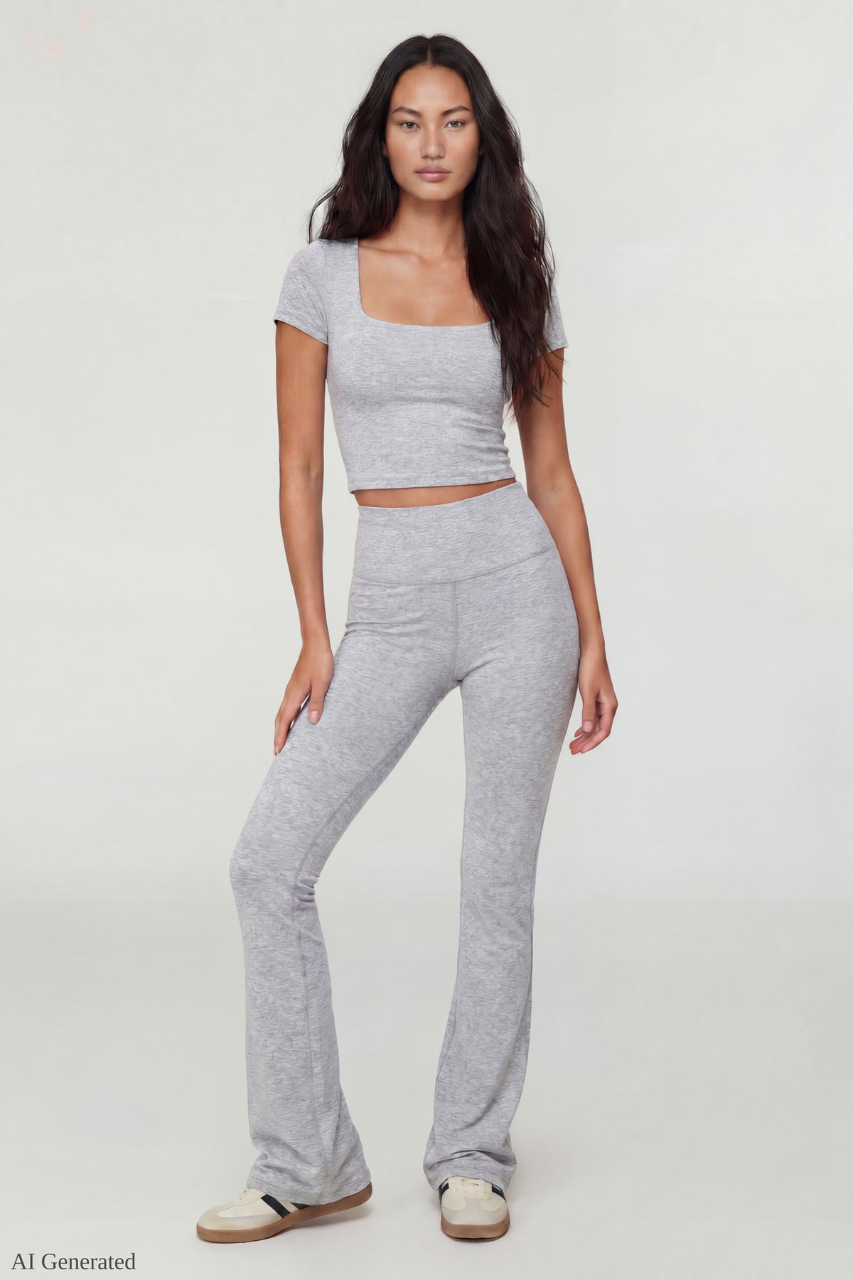 Square Neck T-Shirt & Flare Legging Set - Heather Grey