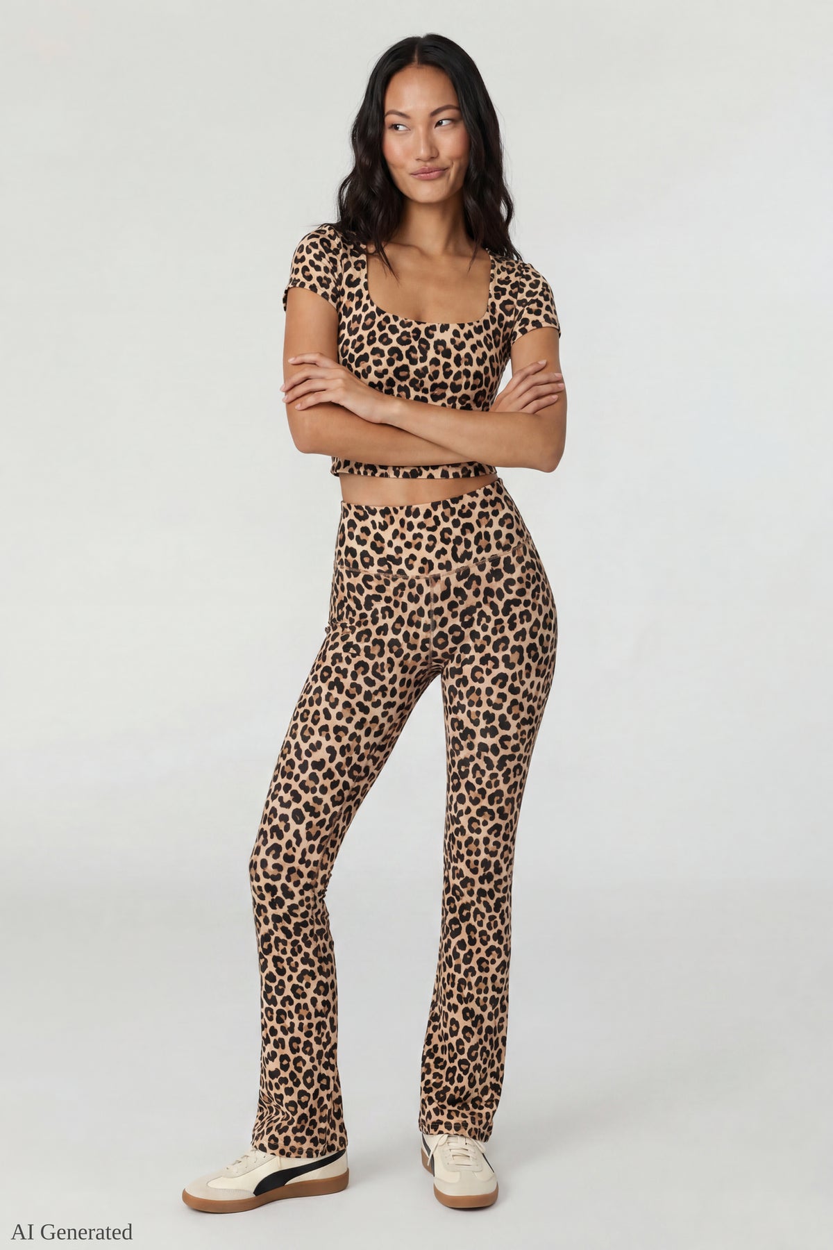 Square Neck T-Shirt & Flare Legging Set - Leopard