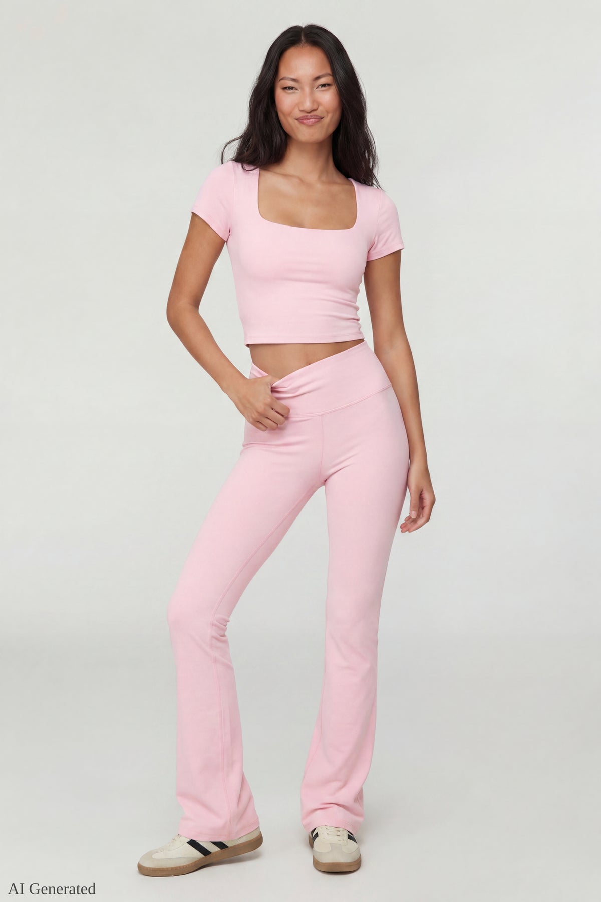 Square Neck T-Shirt & Flare Legging Set - Pink