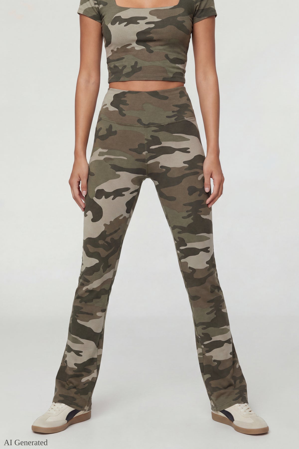 Alt View 3. Square Neck T-Shirt & Flare Legging Set - Camouflage