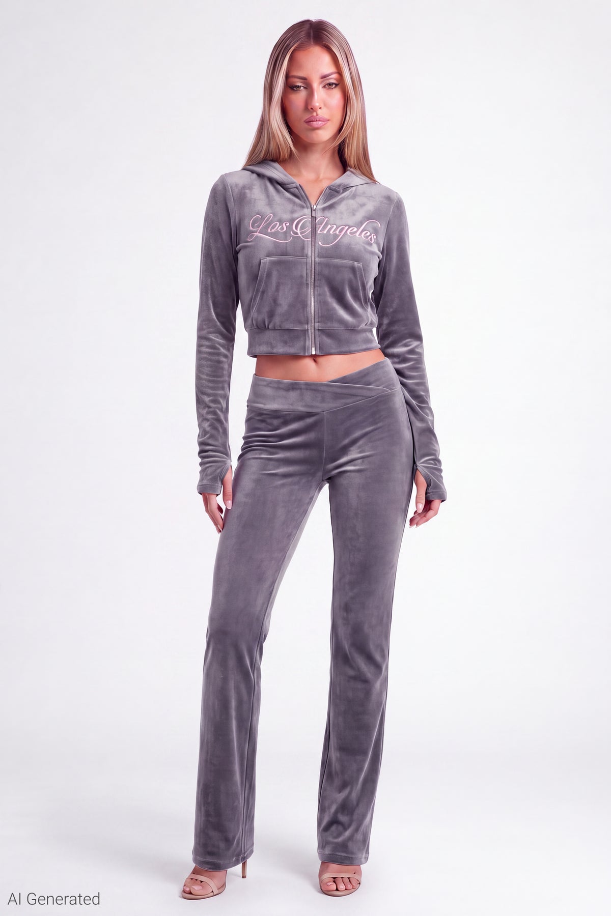 Alt View 2. Velour Embroidered Zip Hoodie - Charcoal