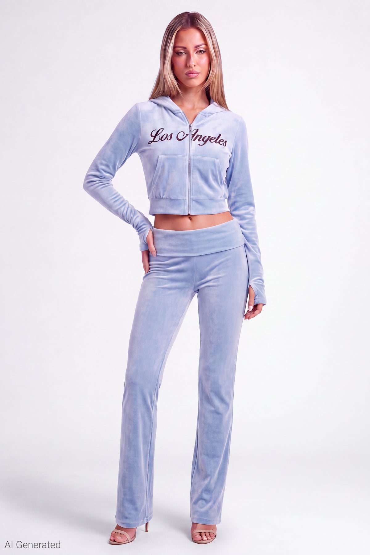 Alt View 2. Velour Embroidered Zip Hoodie - Light Blue