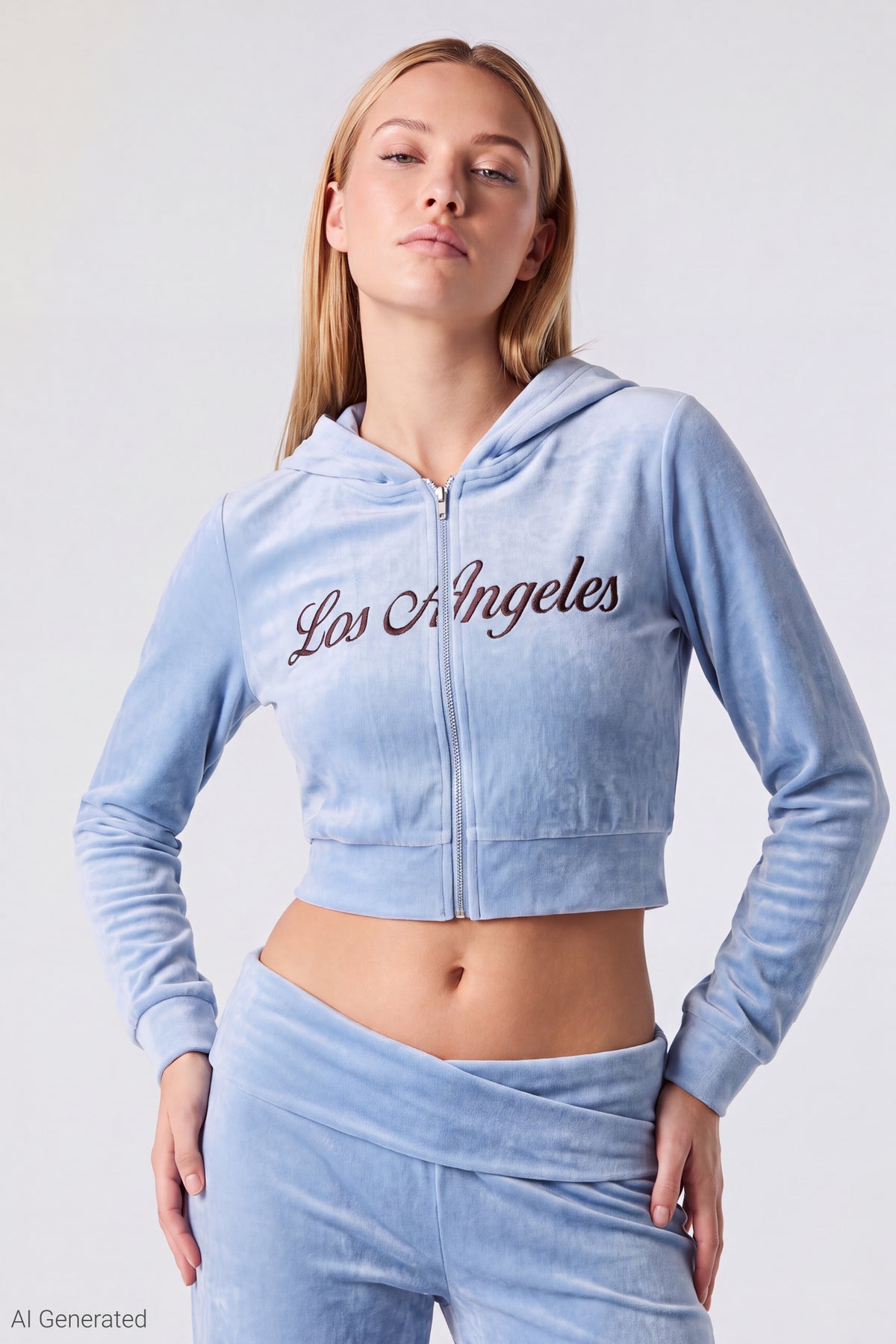 Velour Embroidered Zip Hoodie - Light Blue