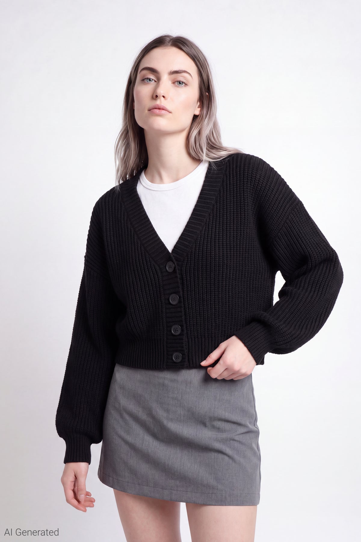 Ribbed Knit Button Front Cardigan - Black