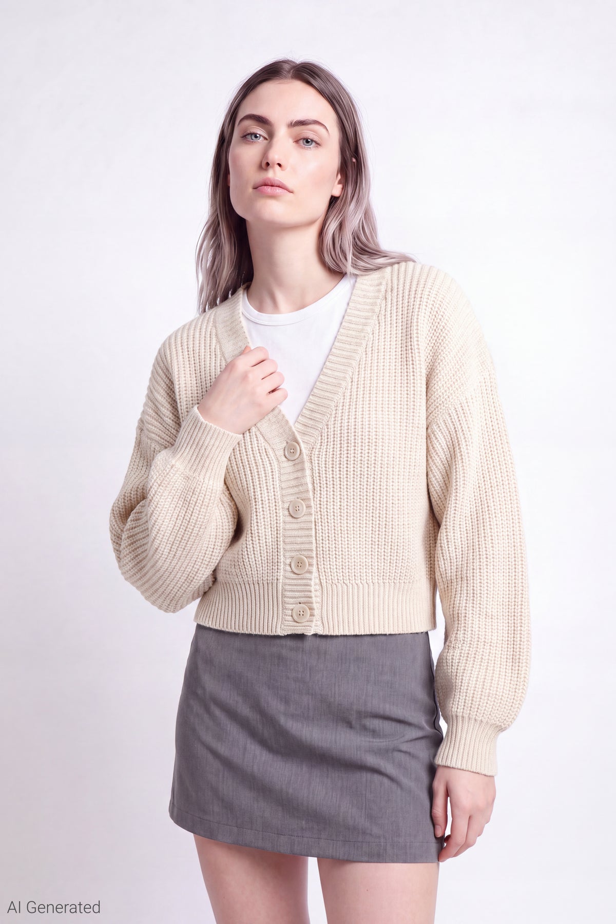 Ribbed Knit Button Front Cardigan - Oatmeal