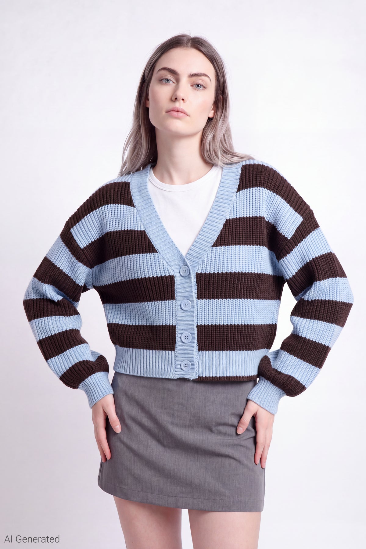 Ribbed Knit Button Front Cardigan - Blue