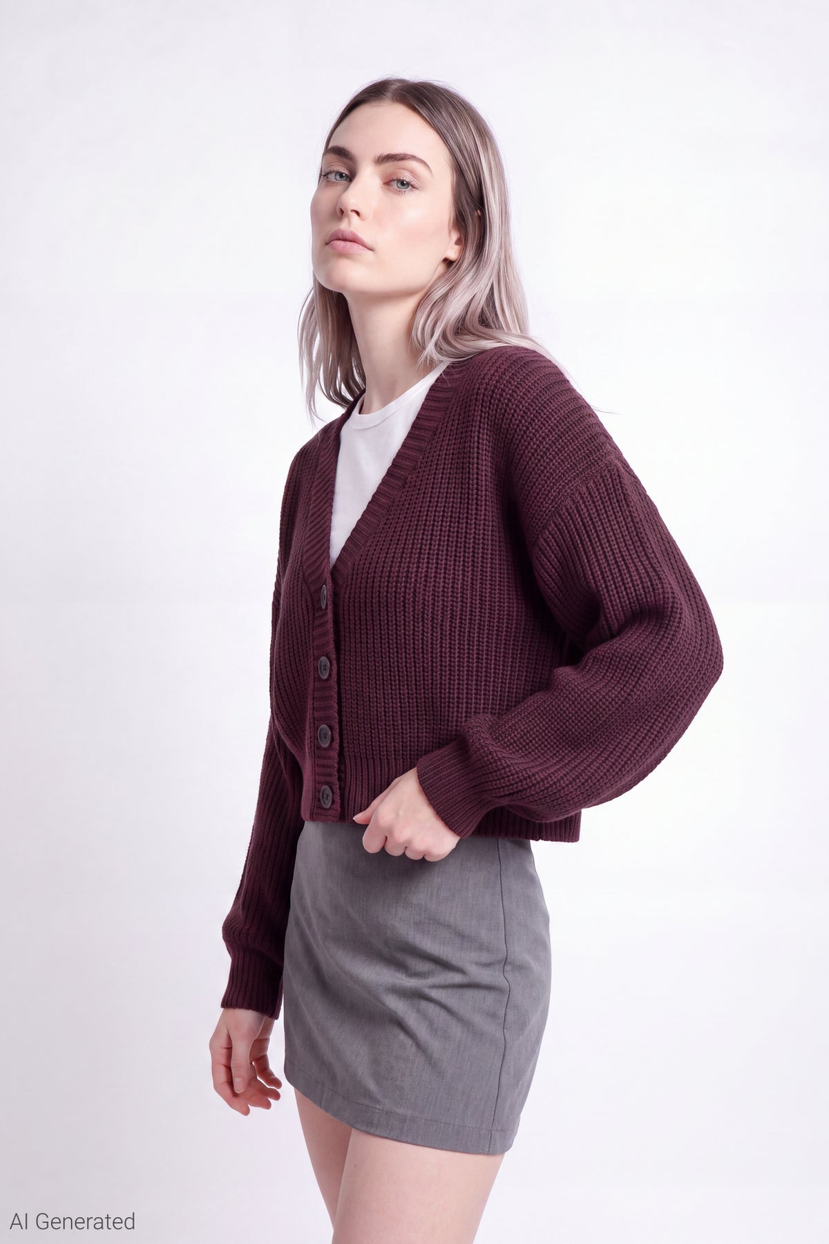Ribbed Knit Button Front Cardigan - Eggplant