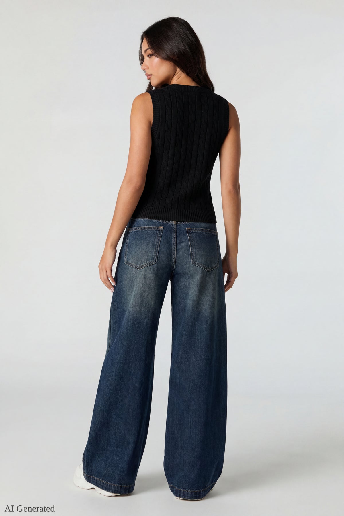 Alt View 3. Cable Knit Button-Up Sweater Vest - Black
