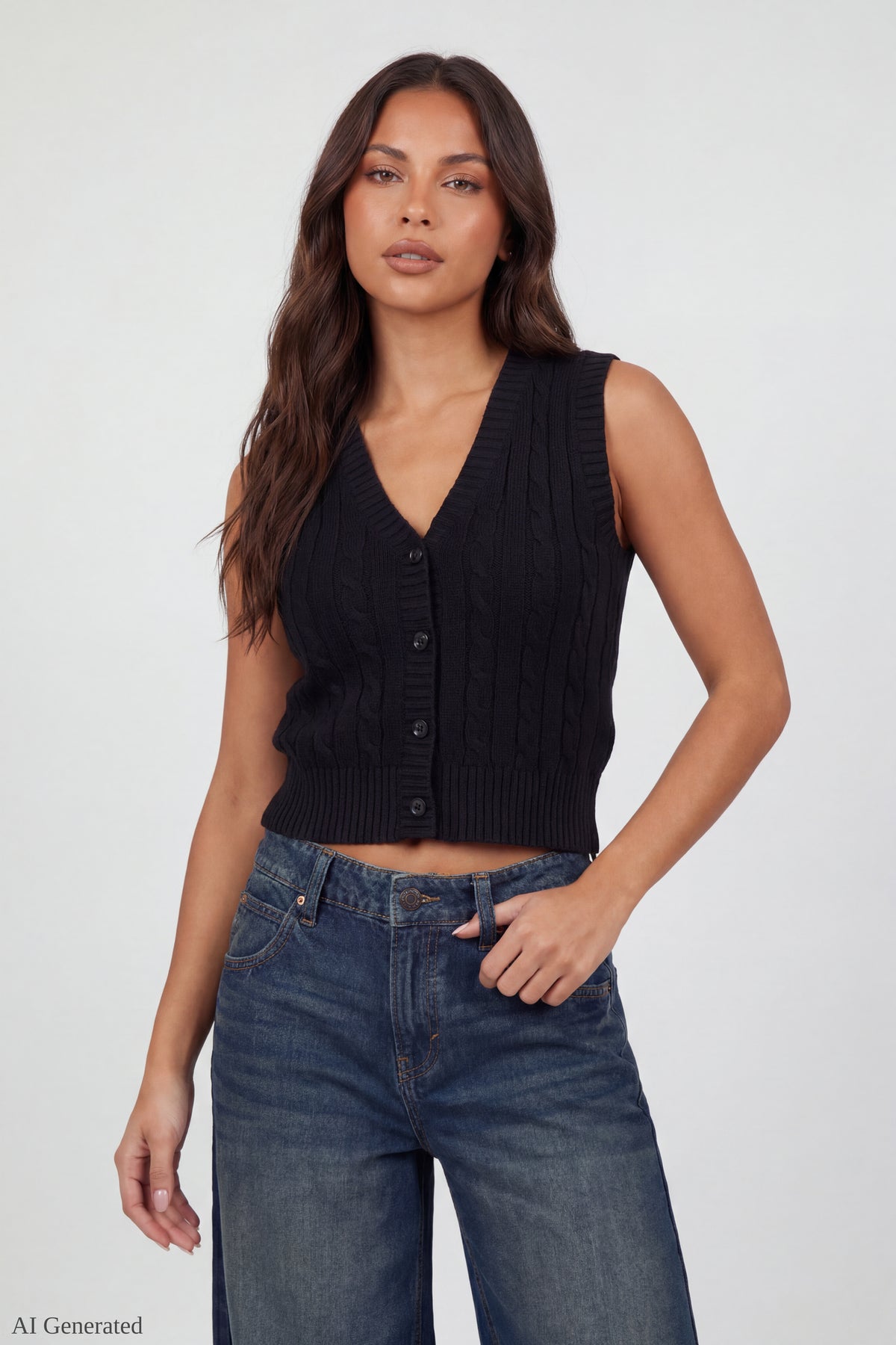 Cable Knit Button-Up Sweater Vest - Black