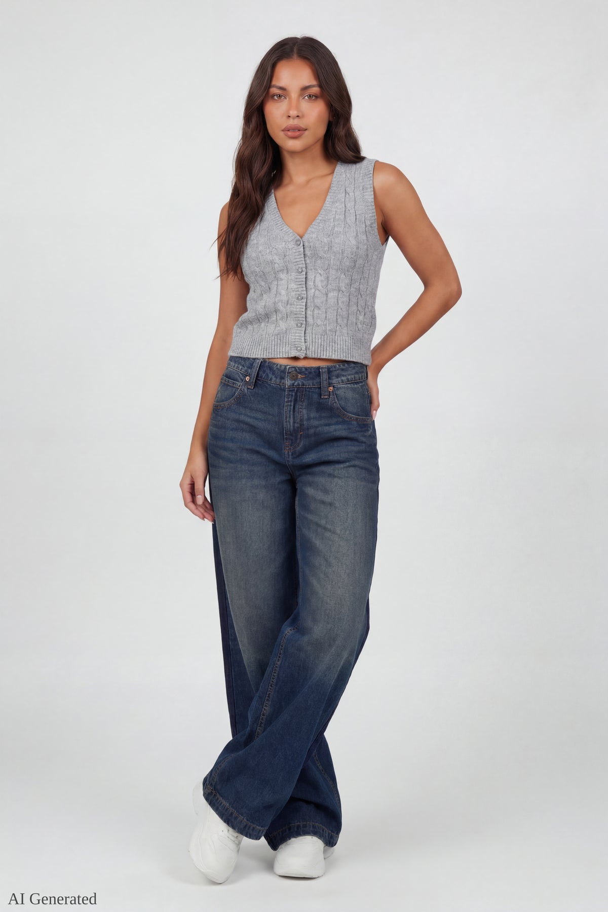 Alt View 2. Cable Knit Button-Up Sweater Vest - Heather Grey