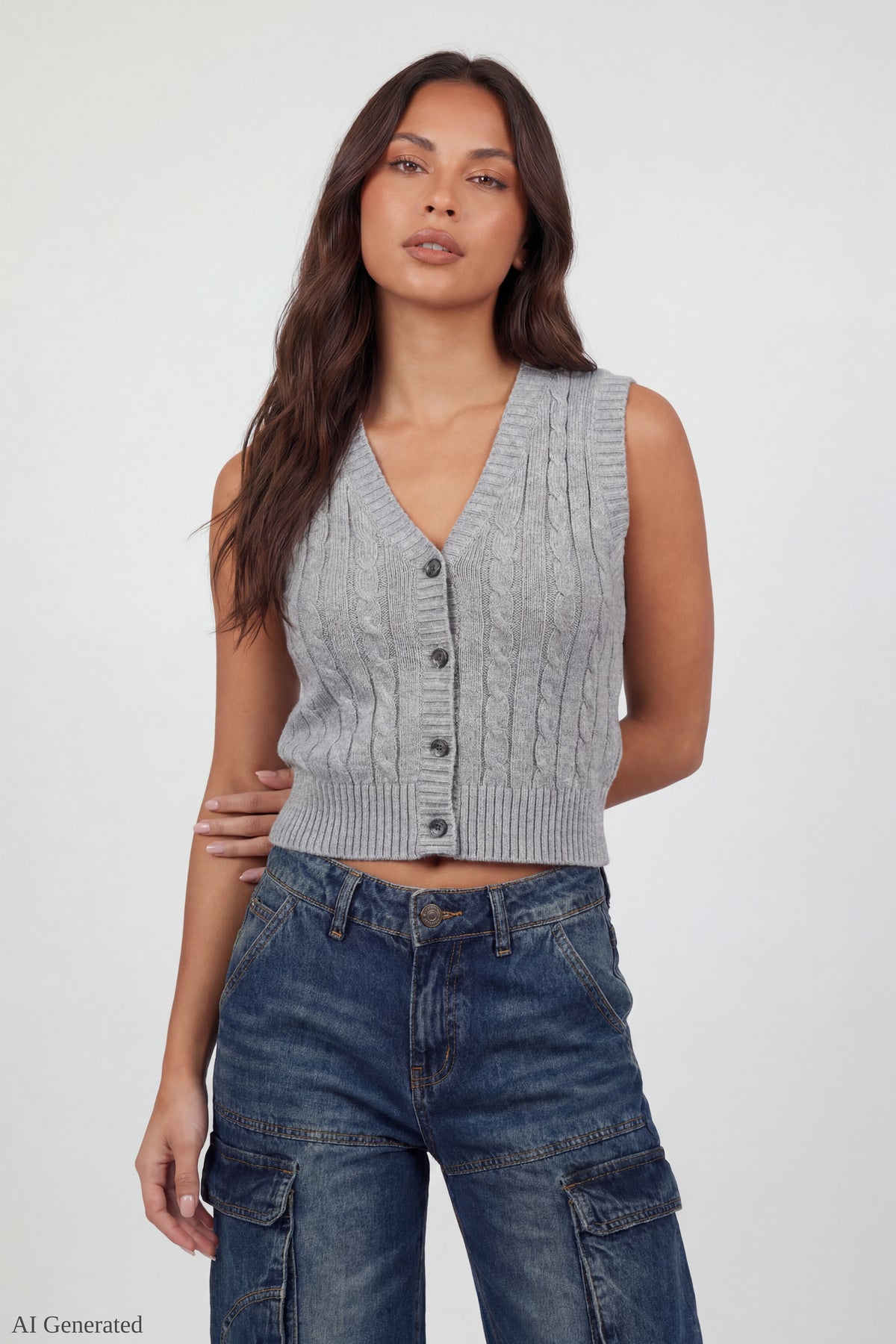 Cable Knit Button-Up Sweater Vest - Heather Grey