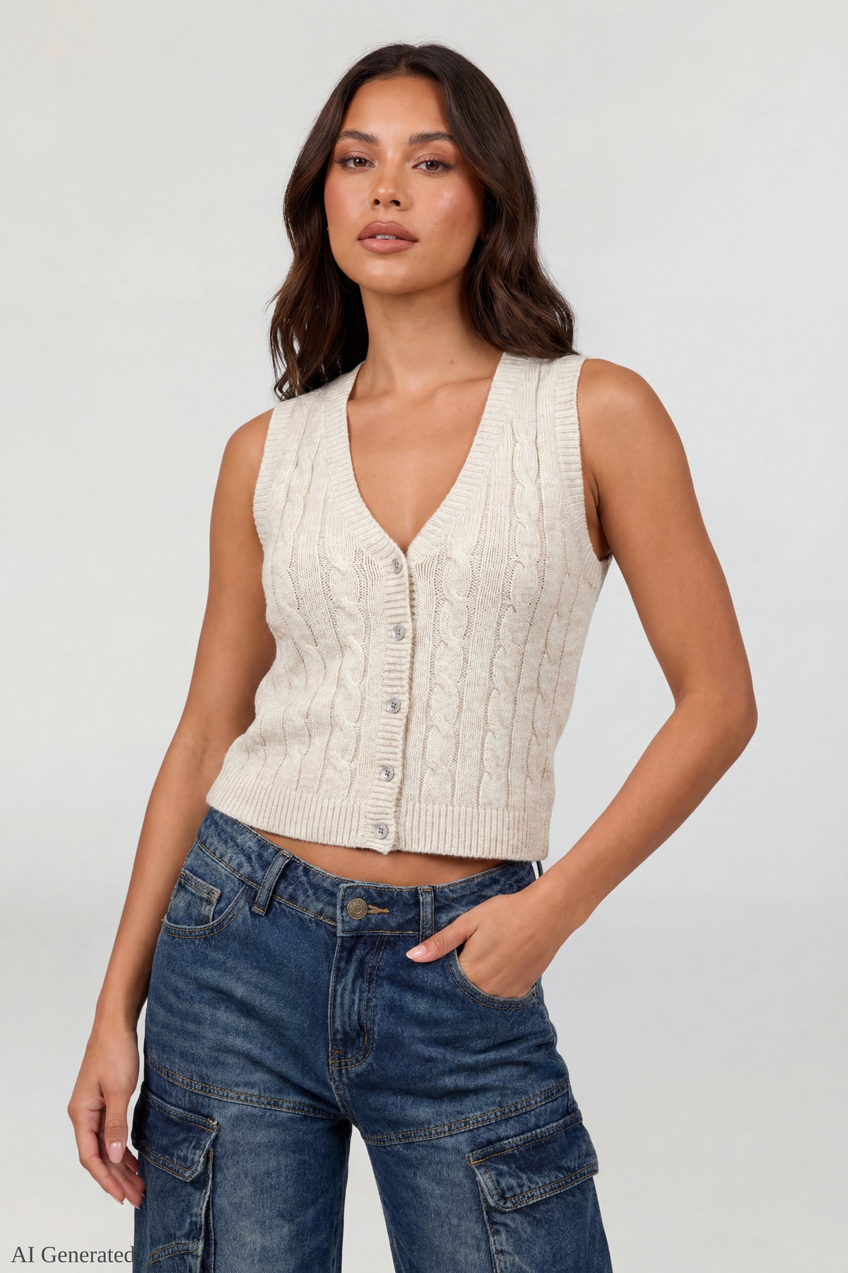 Cable Knit Button-Up Sweater Vest - Oatmeal