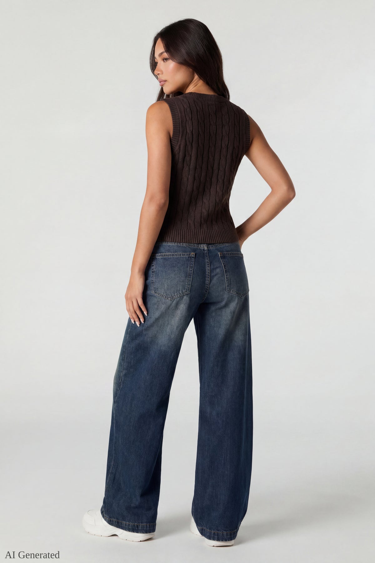 Alt View 3. Cable Knit Button-Up Sweater Vest - Brown