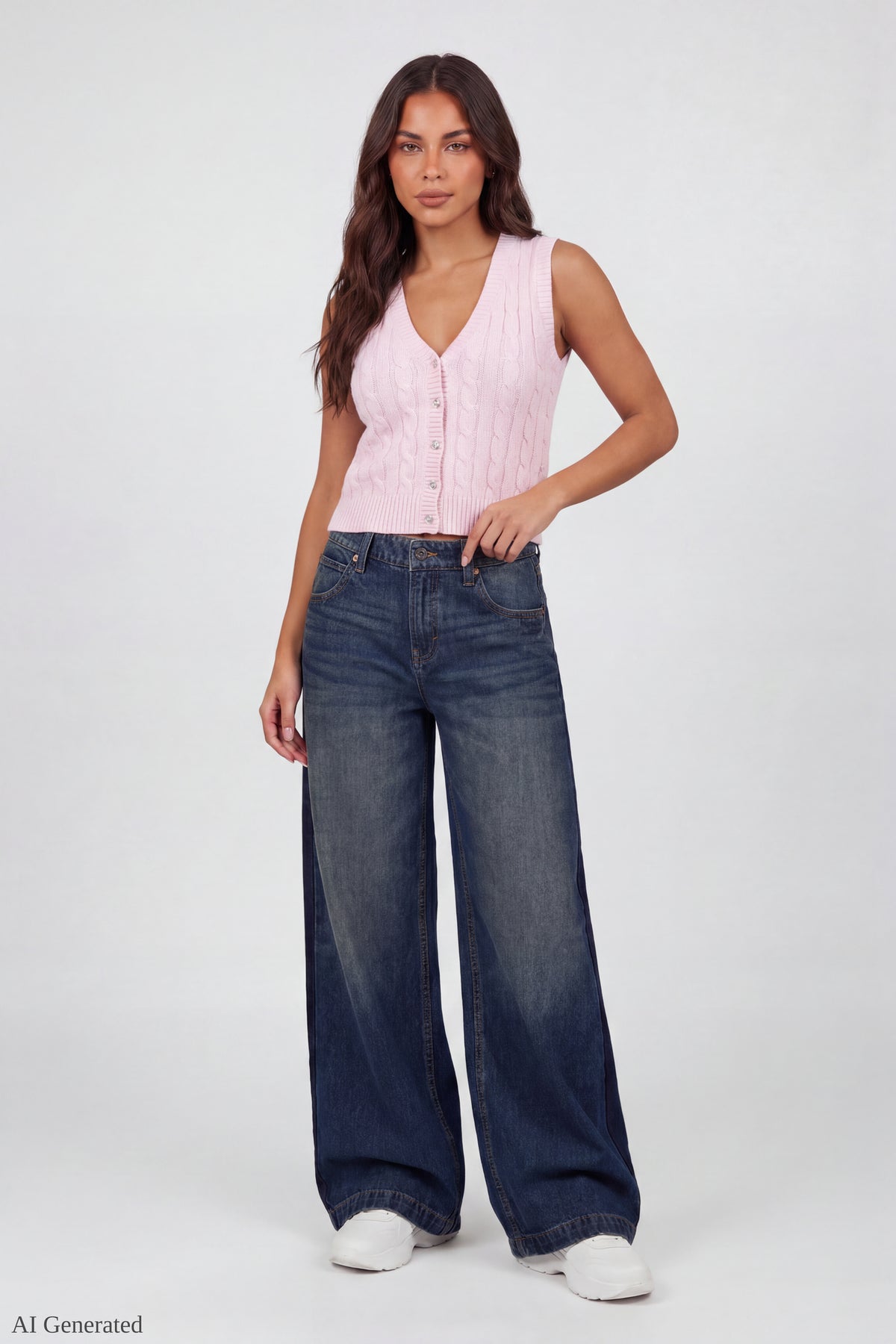Alt View 2. Cable Knit Button-Up Sweater Vest - Pink