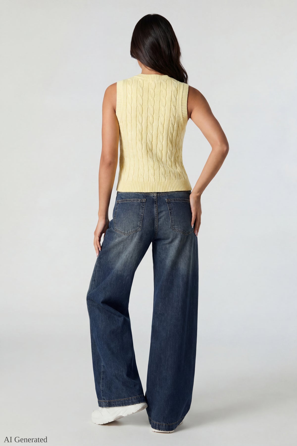 Alt View 3. Cable Knit Button-Up Sweater Vest - Yellow