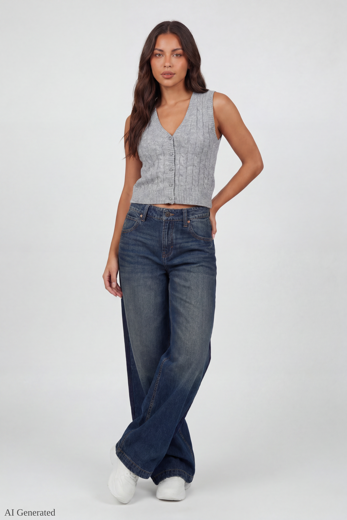 Alt View 2. Cable Knit Button-Up Sweater Vest - Heather Grey
