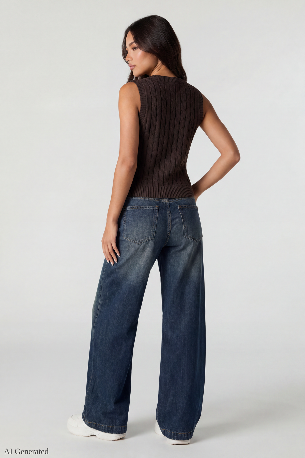 Alt View 3. Cable Knit Button-Up Sweater Vest - Brown