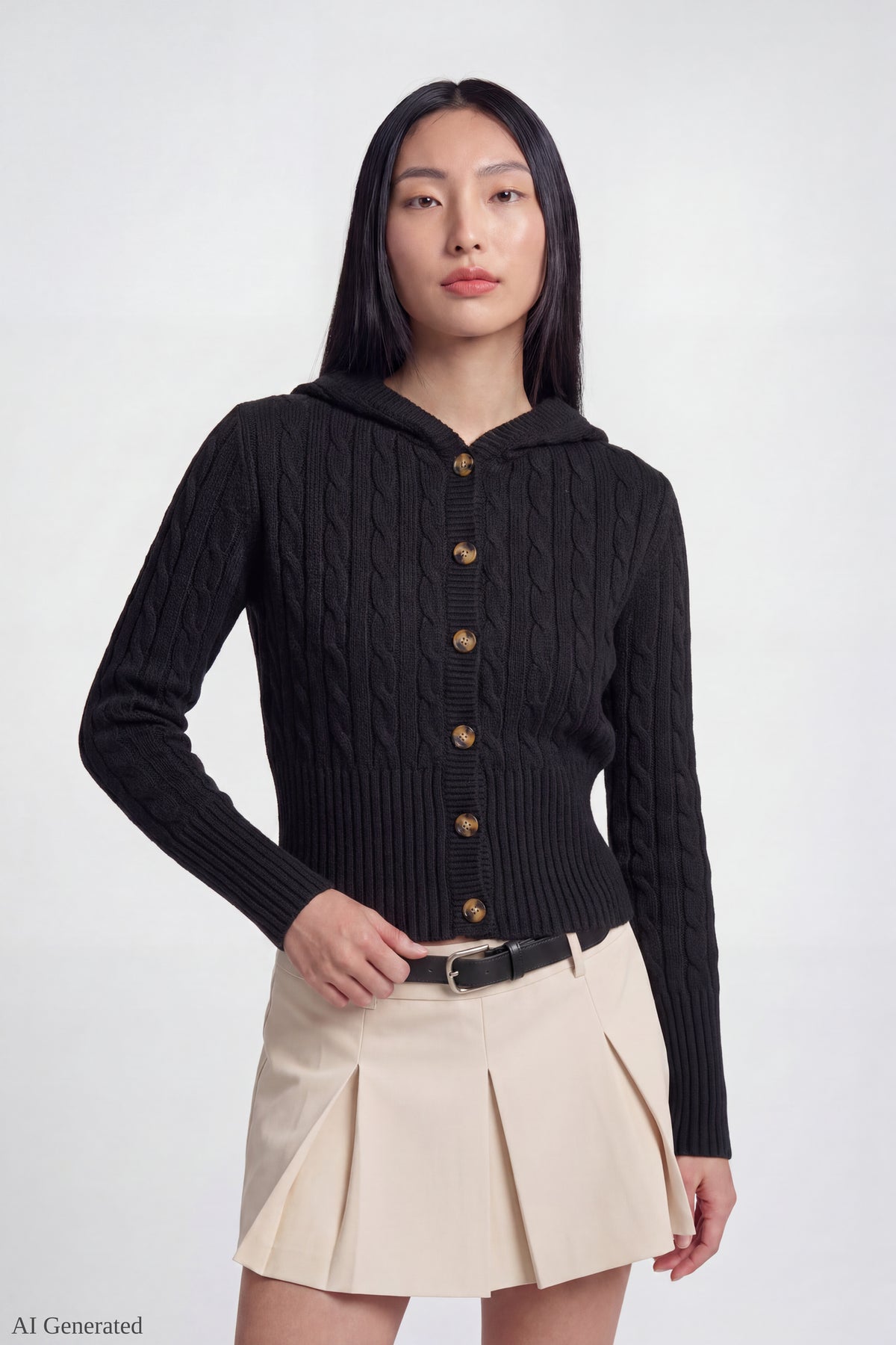 Cable Knit Hooded Cardigan - Black