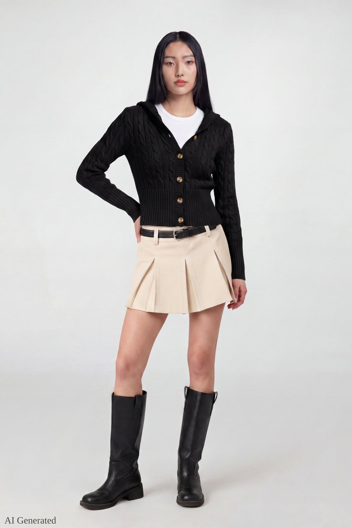 Alt View 2. Cable Knit Hooded Cardigan - Black