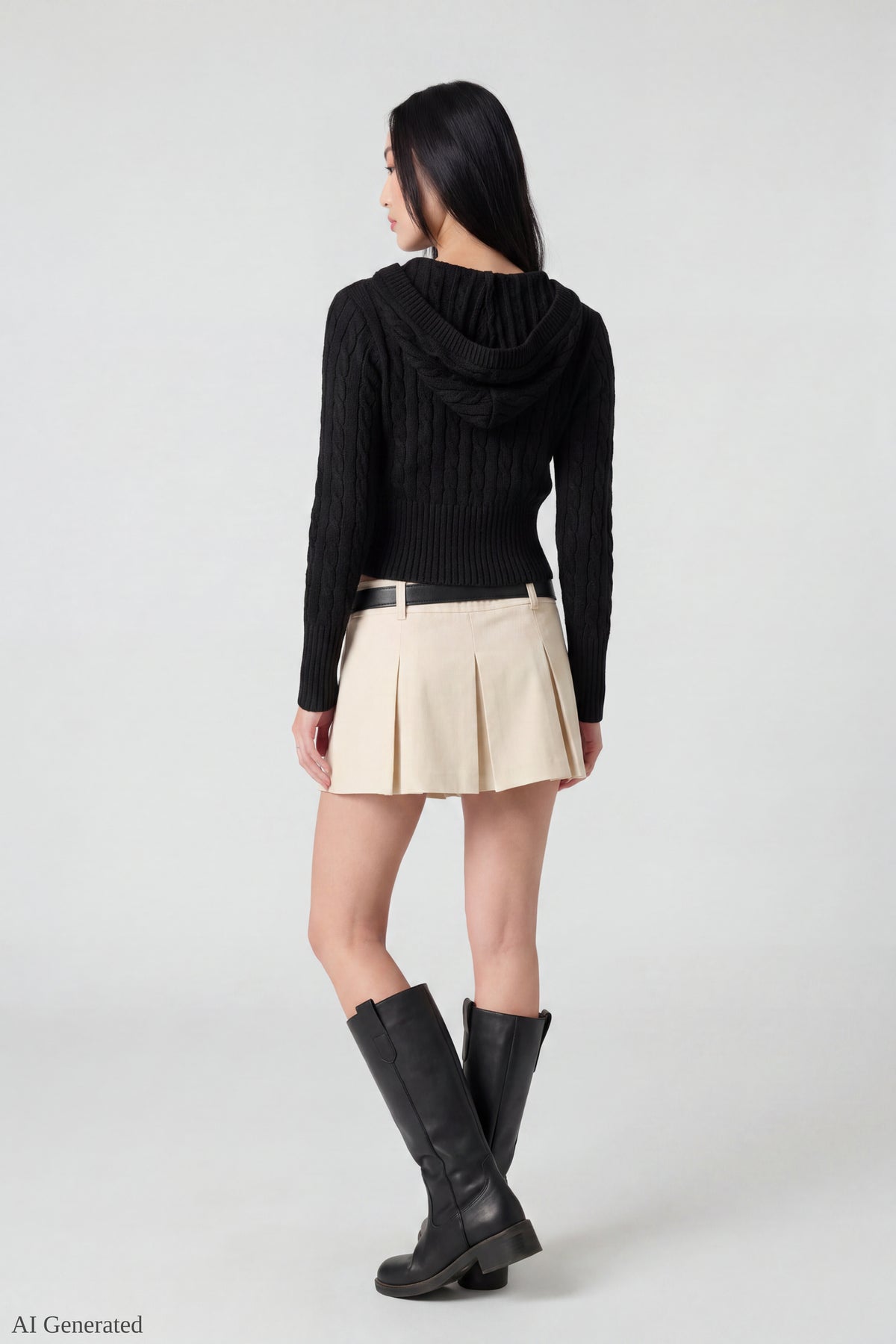 Alt View 3. Cable Knit Hooded Cardigan - Black