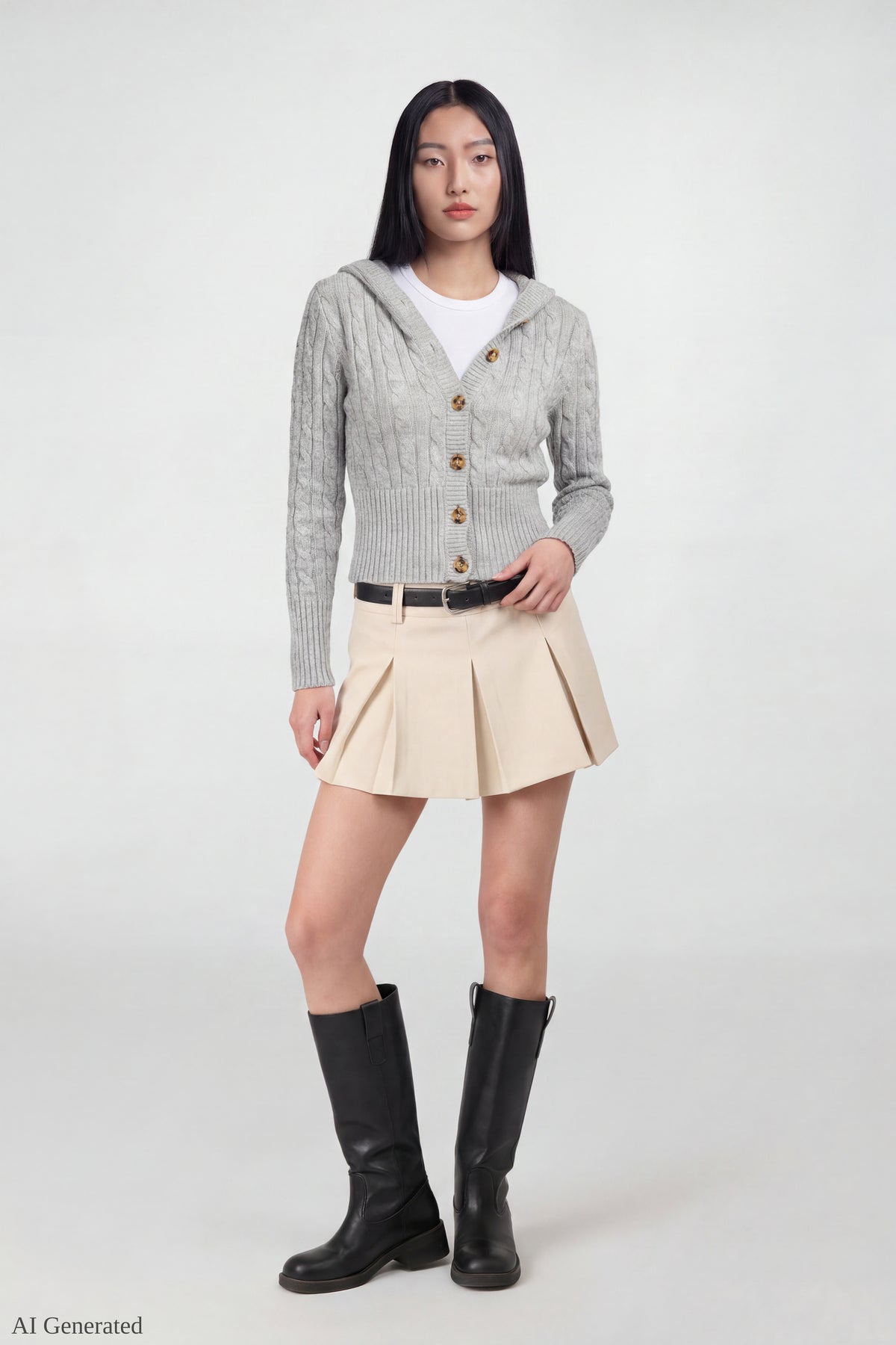 Alt View 2. Cable Knit Hooded Cardigan - Heather Grey