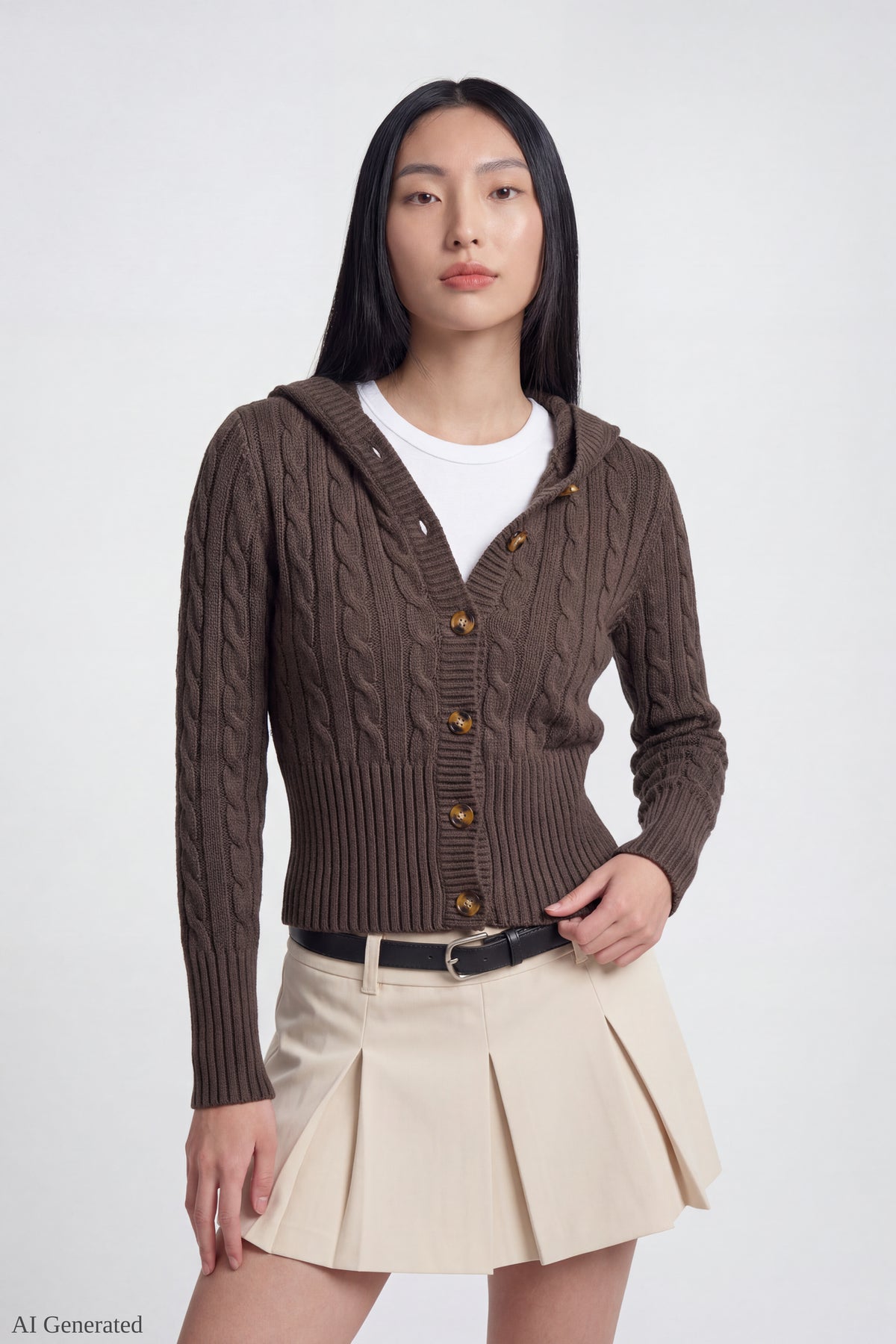 Cable Knit Hooded Cardigan - Brown