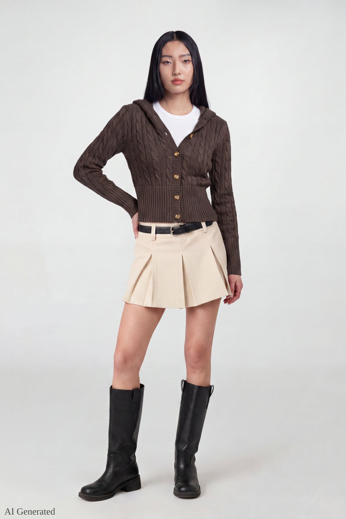 Alt View 2. Cable Knit Hooded Cardigan - Brown