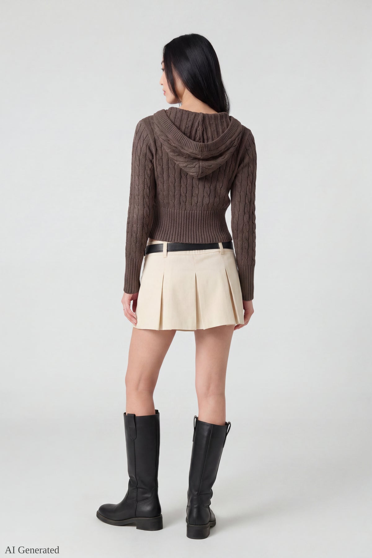 Alt View 3. Cable Knit Hooded Cardigan - Brown