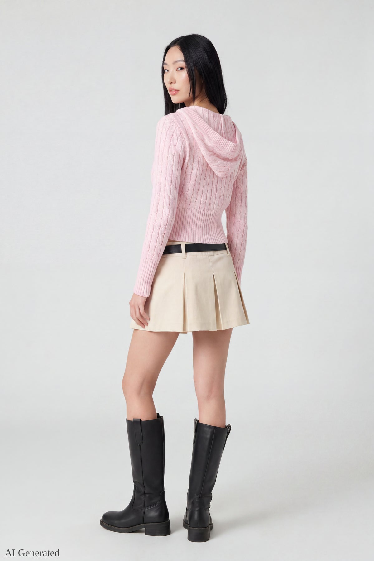 Alt View 3. Cable Knit Hooded Cardigan - Pink