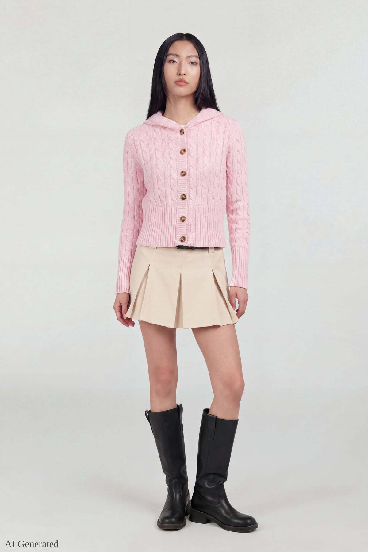 Alt View 2. Cable Knit Hooded Cardigan - Pink