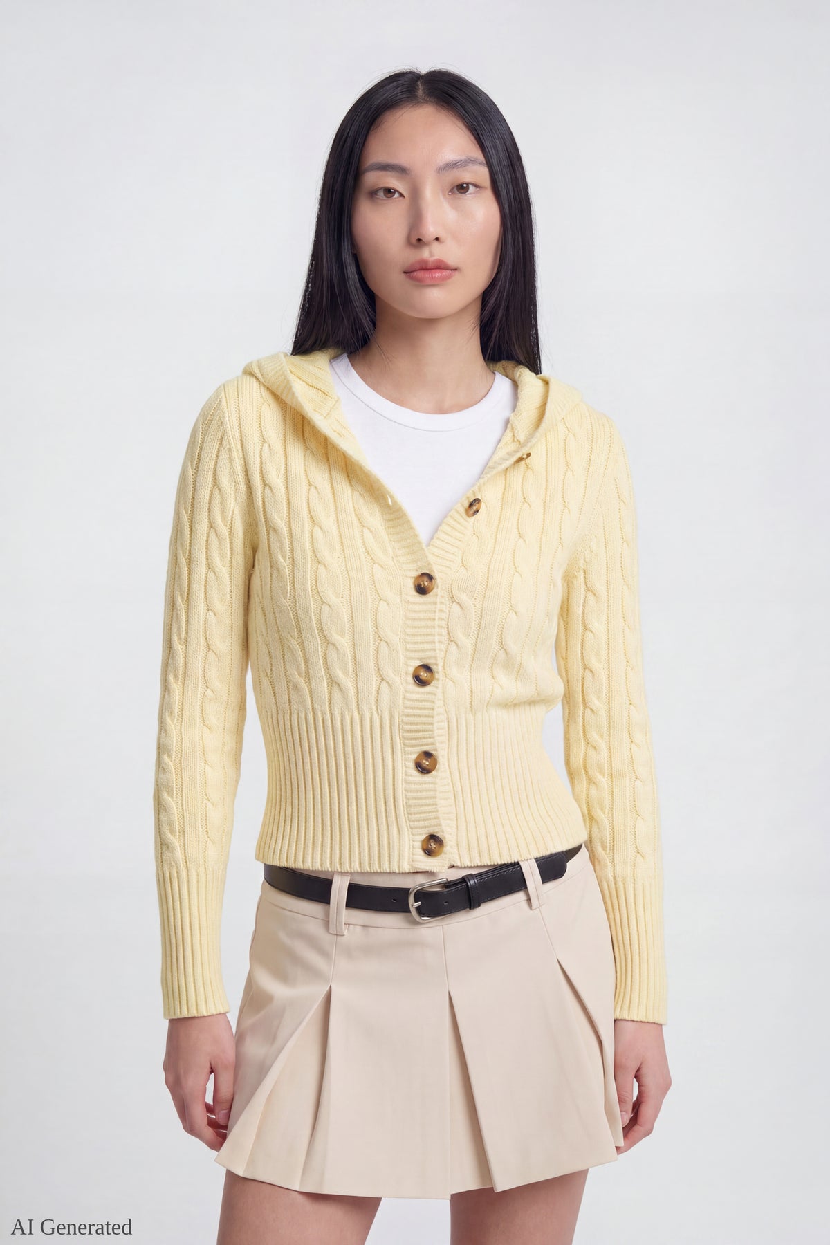 Cable Knit Hooded Cardigan - Yellow