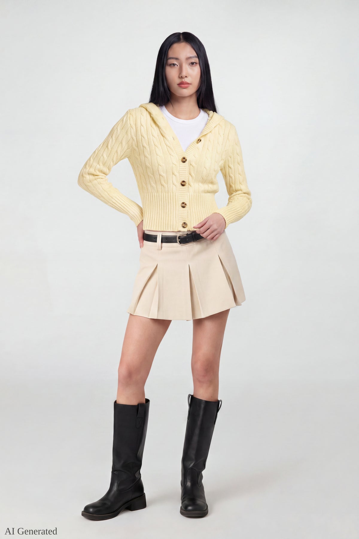 Alt View 2. Cable Knit Hooded Cardigan - Yellow