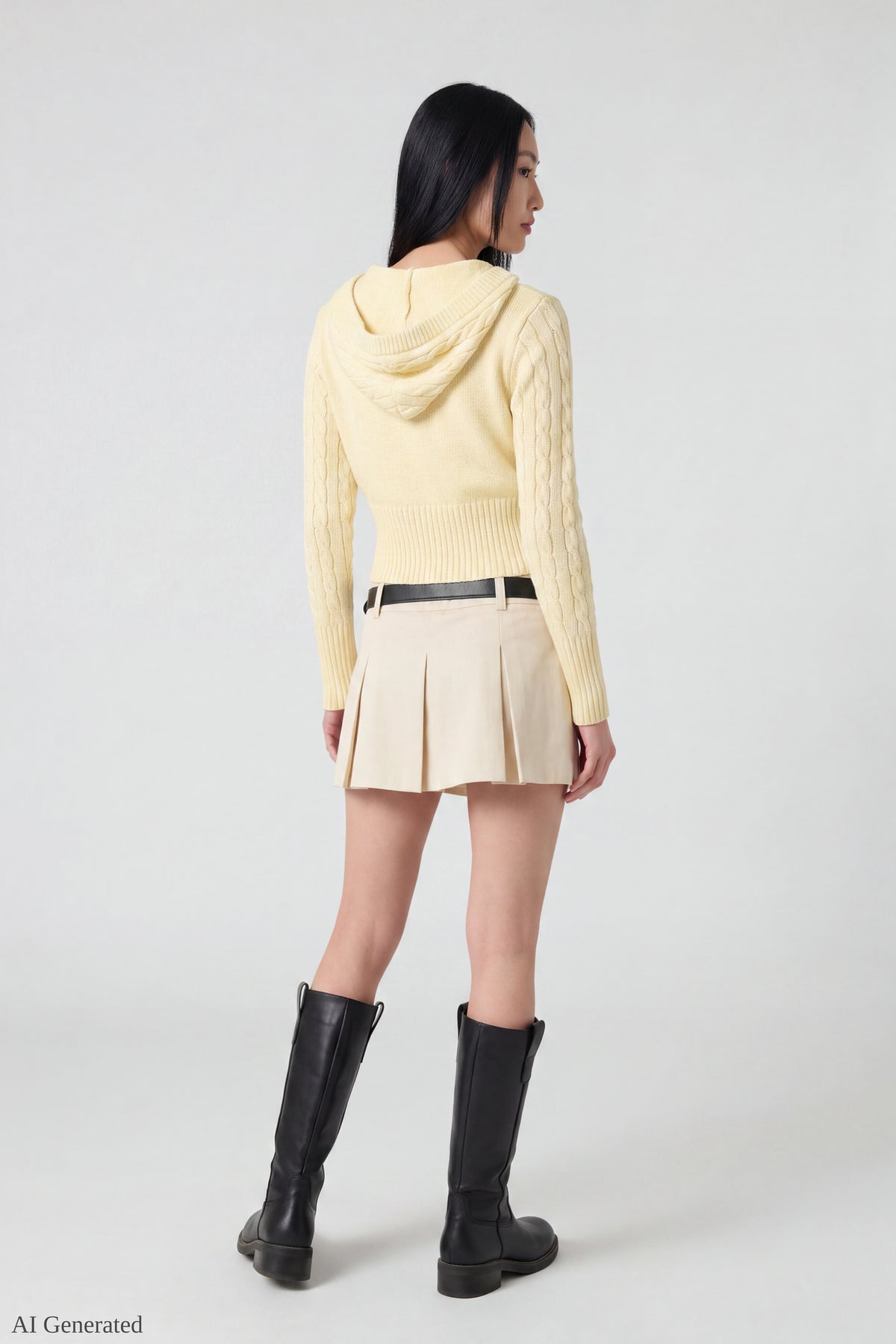 Alt View 3. Cable Knit Hooded Cardigan - Yellow