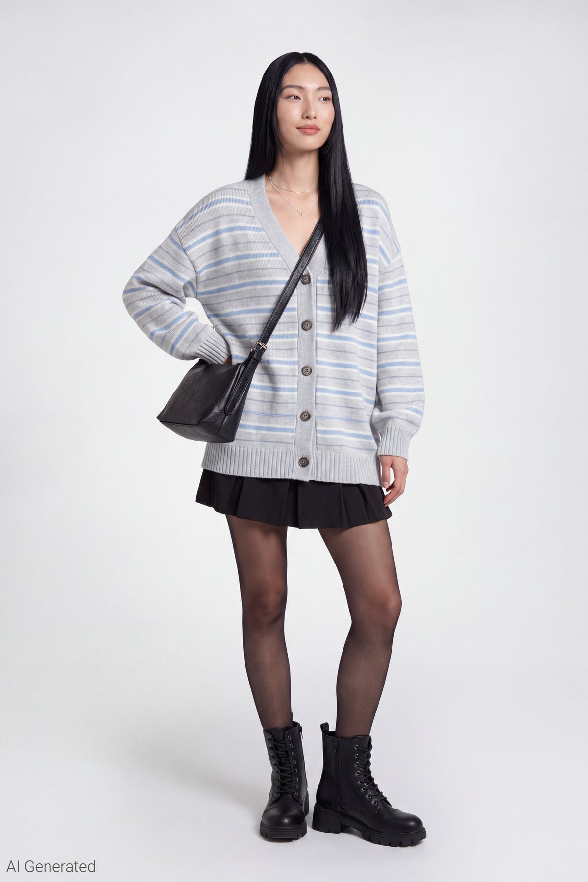 Alt View 2. Striped V-Neck Button-Up Cardigan - Light Grey