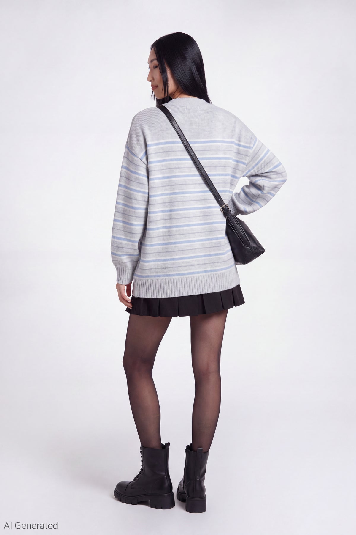 Alt View 3. Striped V-Neck Button-Up Cardigan - Light Grey