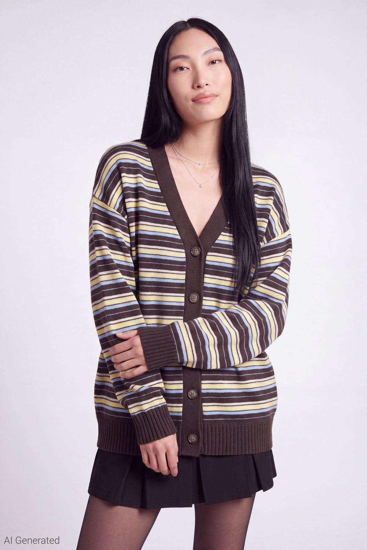 Striped V-Neck Button-Up Cardigan - Oatmeal