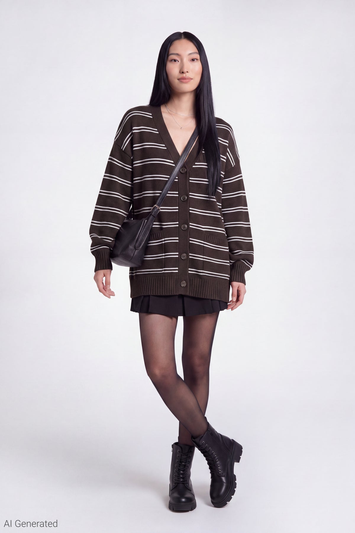 Alt View 2. Striped V-Neck Button-Up Cardigan - Brown