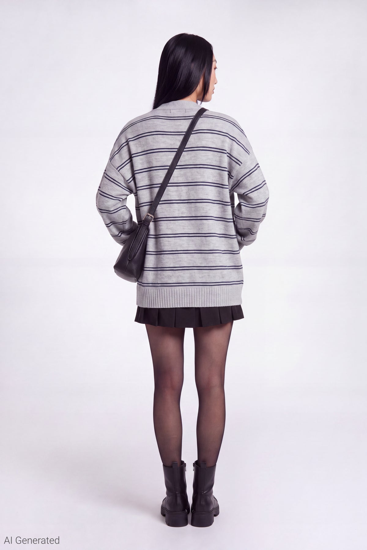 Alt View 3. Striped V-Neck Button-Up Cardigan - Heather Grey