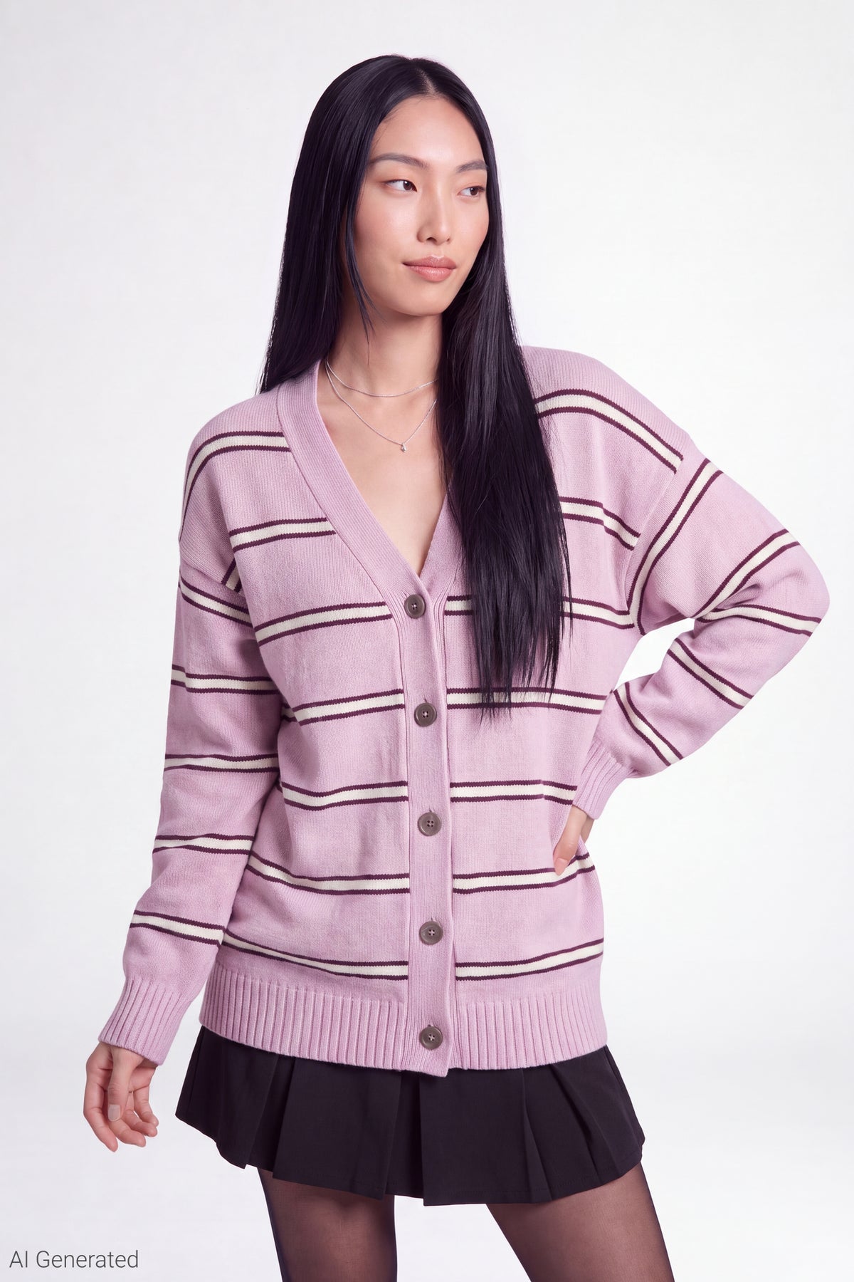 Striped V-Neck Button-Up Cardigan - Lilac