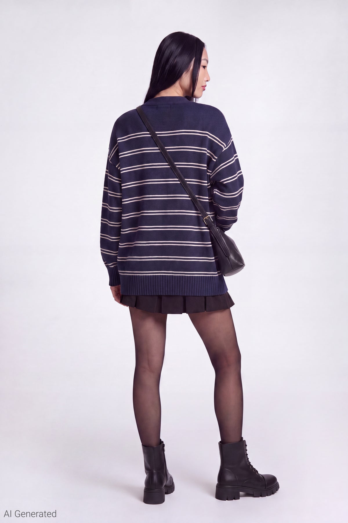 Alt View 3. Striped V-Neck Button-Up Cardigan - Dark Blue