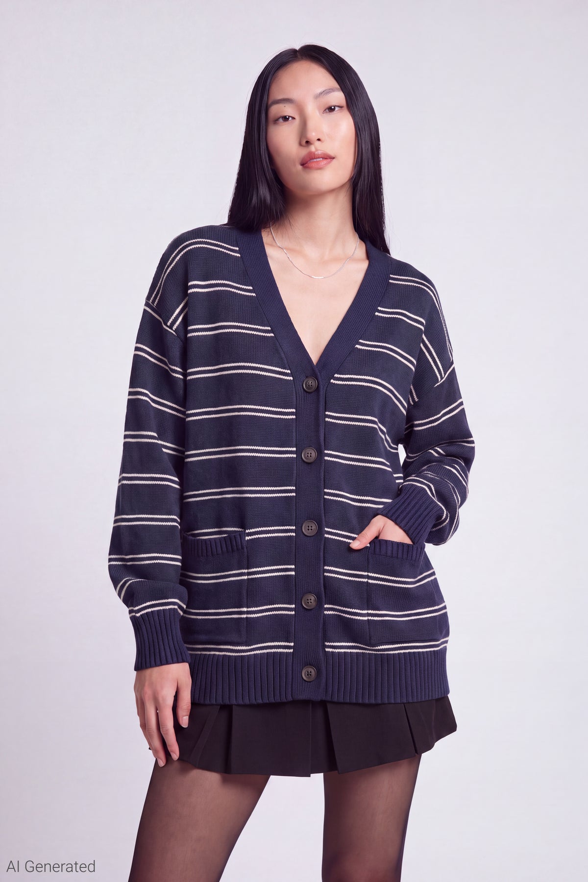 Striped V-Neck Button-Up Cardigan - Dark Blue